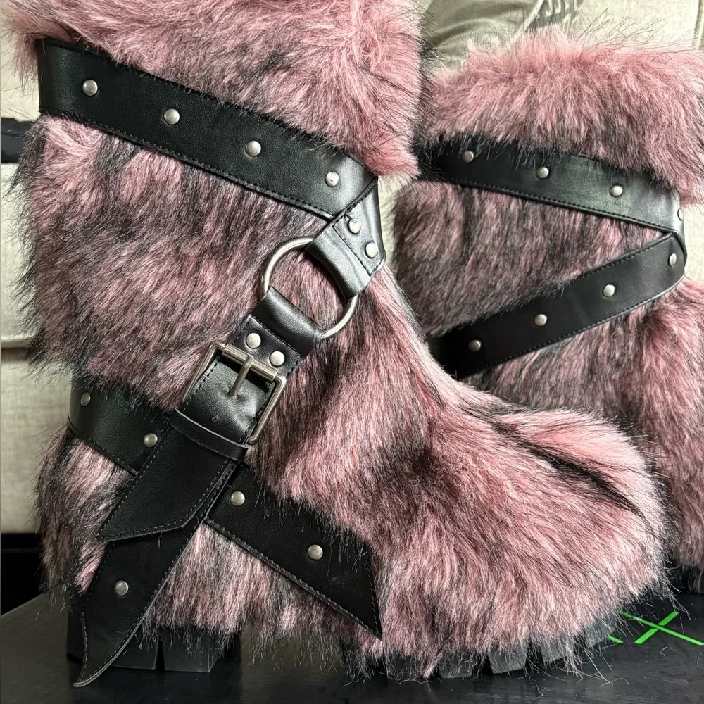 Dolls Kill Pink Faux Fur Platform Boots with Black Strap Details